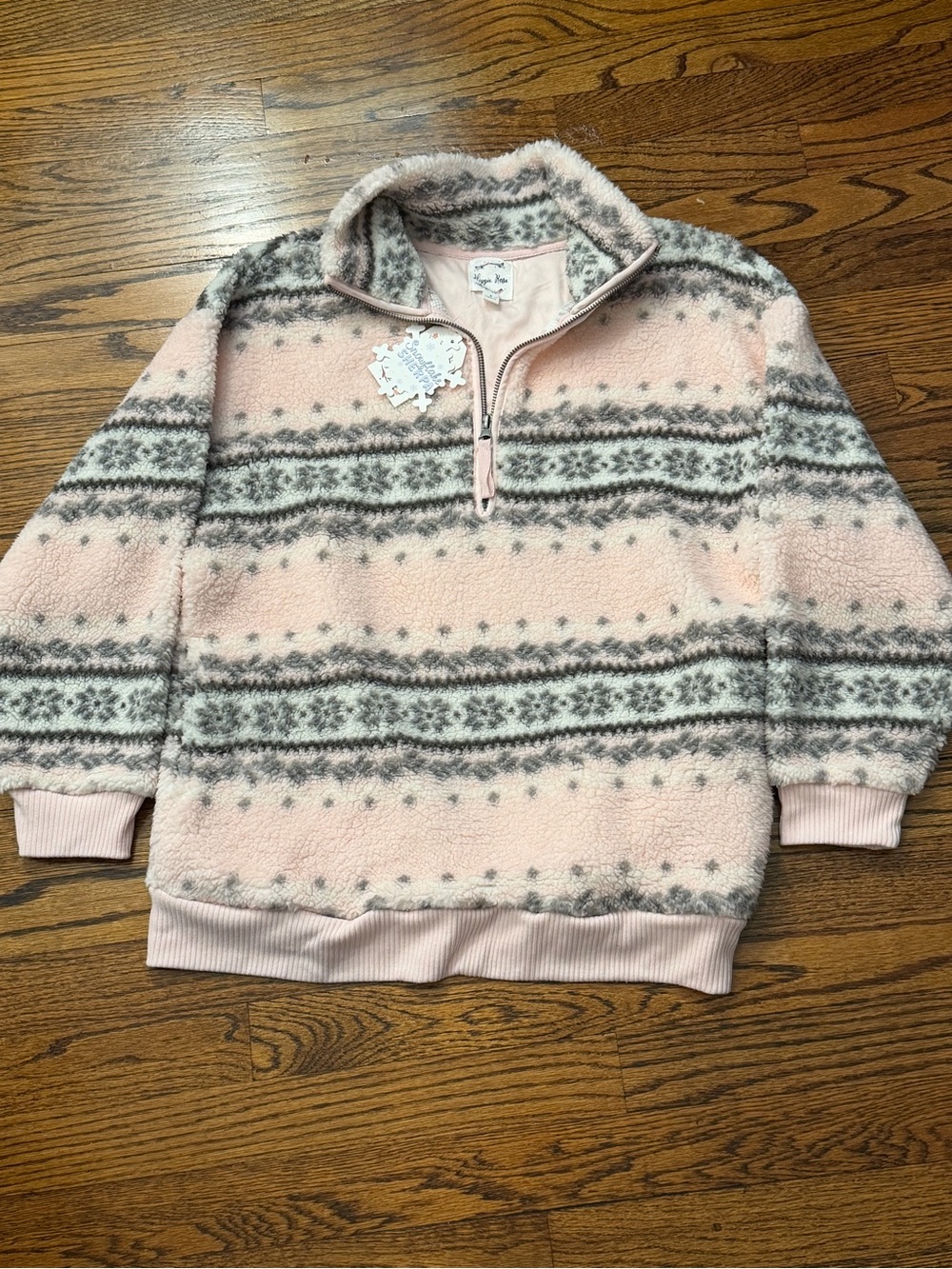 Hippie Rose Pink Sherpa Half-Zip Sweater with Gray Nordic Stripes
